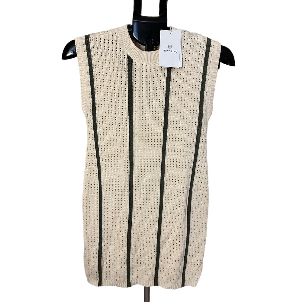 NWT ANINE BING CREAM OLIVE GREEN SLEEVELESS MINI DOUBLE LINED SWEATER DRESS - Picture 2 of 3